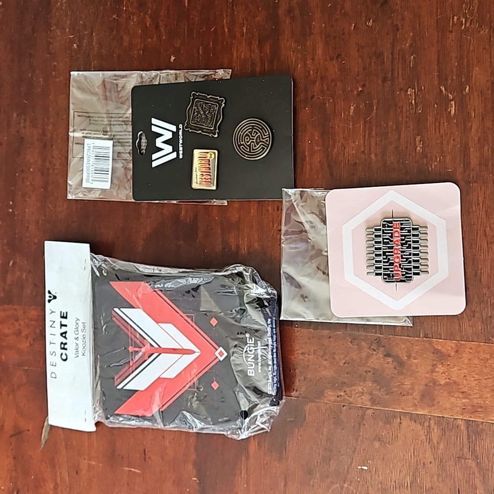 NWT Loot Crate Destiny Koozies, WestWorld Pins and Blum House Upgrade Pin